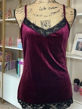 No Boundaries Wine Velvet Lace Trim Cami